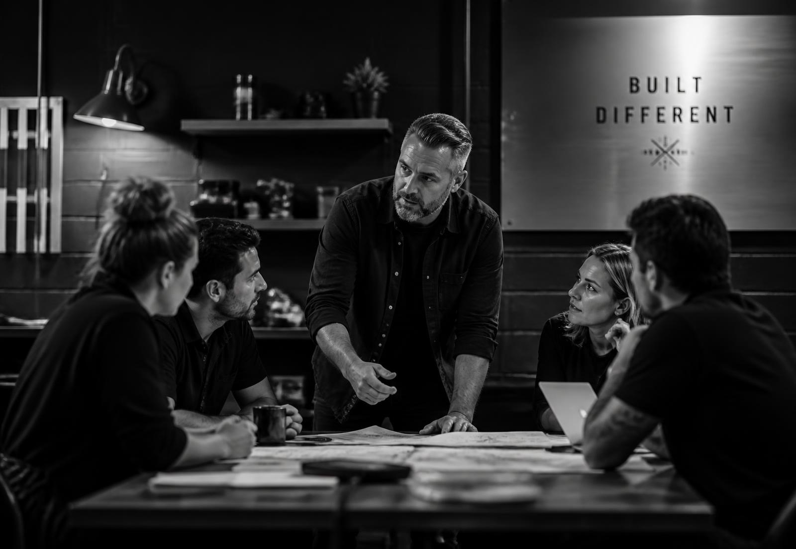 Business owner leading a team huddle
